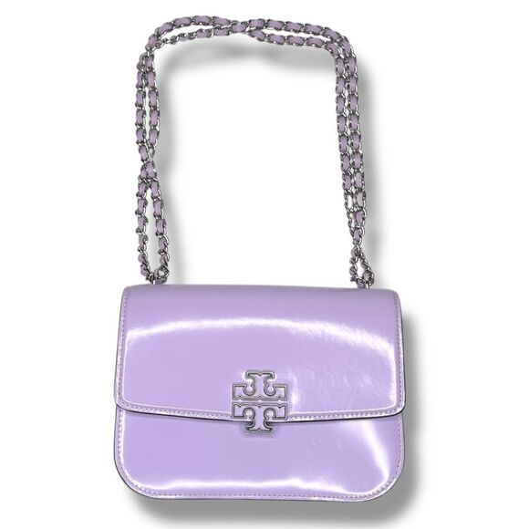Tory Burch Purple Lavender Patent Leather Silver Logo Chain Britten Shoulder Bag - Picture 6 of 13